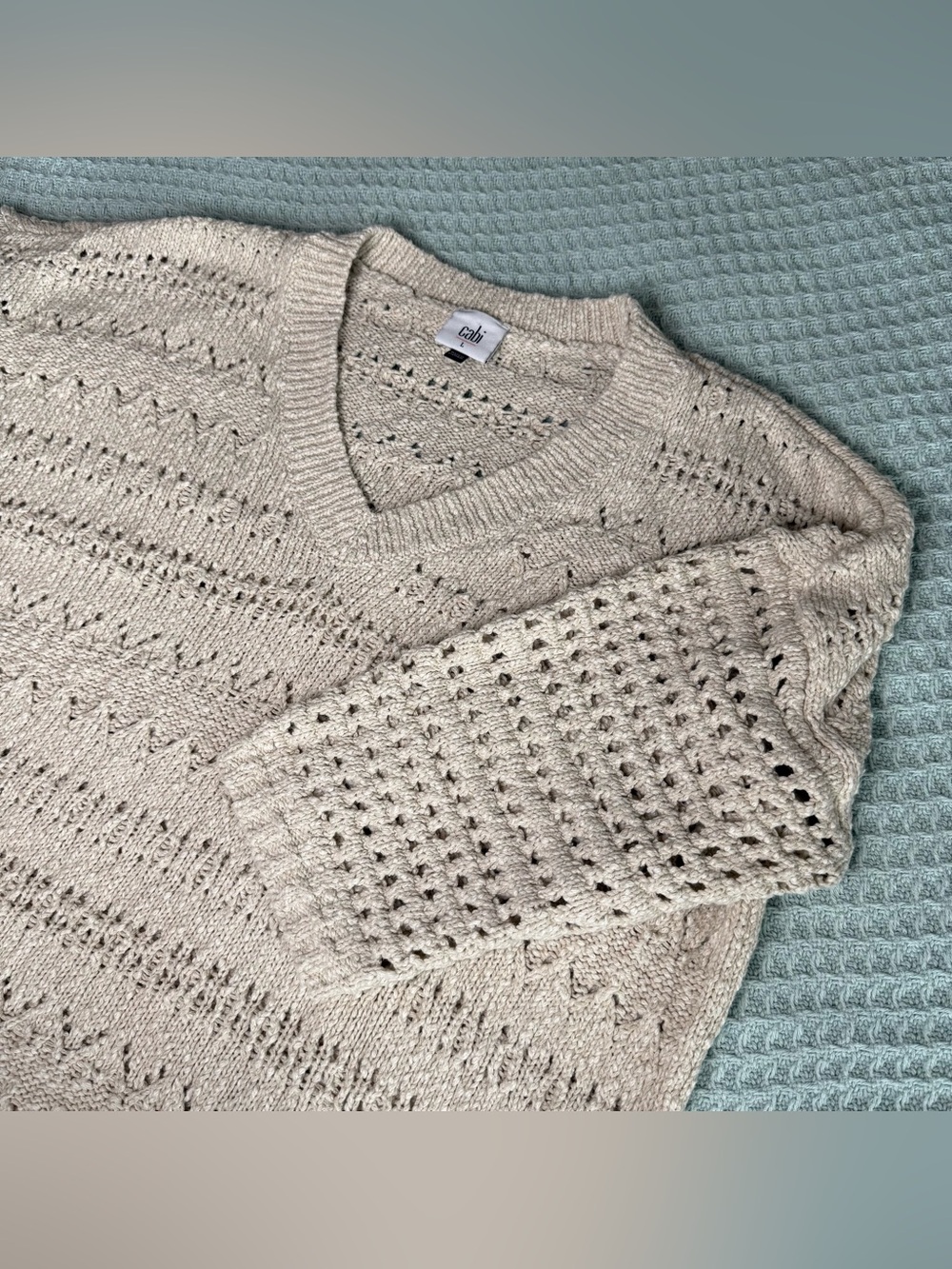 Cabi Tulum Linen Blend Sweater Large Beige Lagenlook Coastal Beach Open Weave